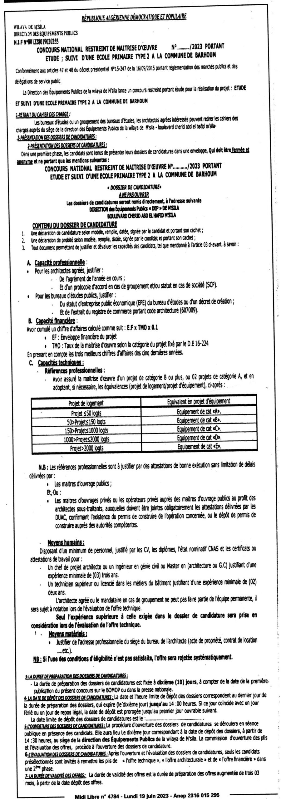 Concours national restreint de maitrise dœuvre portant étude suivi d